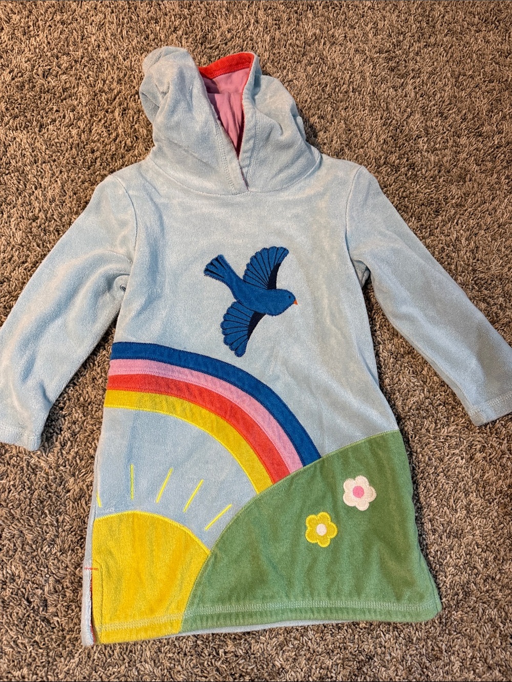 Mini Boden Light Blue Hooded Dress with Rainbow, Sun & Bird